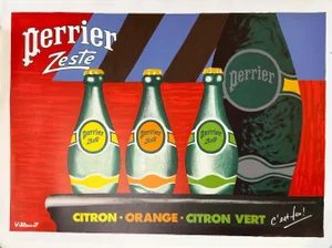 Perrier Zeste by Bernard Villemot 1987 Original Printing Vintage Poster on Linen