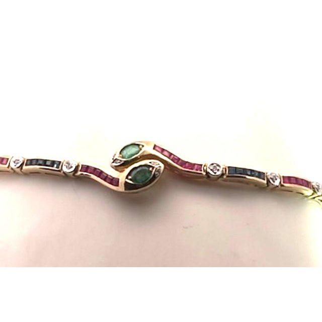 Emerald Vintage Yellow Gold Snake Bracelet With Emeralds, Rubies, and Diamonds For Sale - Image 8 of 13