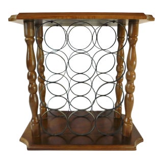 Vintage Mid Century Hellerware 12 Bottle Metal & Turned Wood Wine Rack For Sale