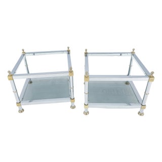 Pair of Square Chrome & Brass Smoked Glass Two Tier End Side Tables MINT! For Sale