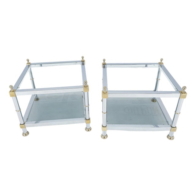 Pair of Square Chrome & Brass Smoked Glass Two Tier End Side Tables MINT! For Sale