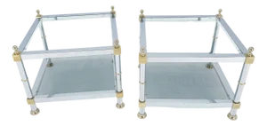 Pair of Square Chrome & Brass Smoked Glass Two Tier End Side Tables MINT!