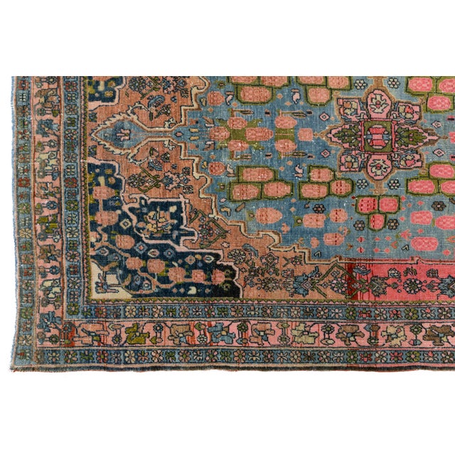 Antique Bidjar Area Rug With Medallion in Soft Rose and Cerulean Blue 4x5 For Sale - Image 9 of 9