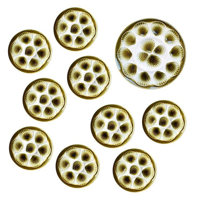 Ceramic Green Majolica Oyster Serving Plates and Platter Moulin Des Loups (Orchies) Set 10 France For Sale - Image 7 of 7