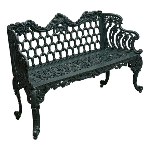Vintage Green Cast Aluminum Outdoor Bench For Sale