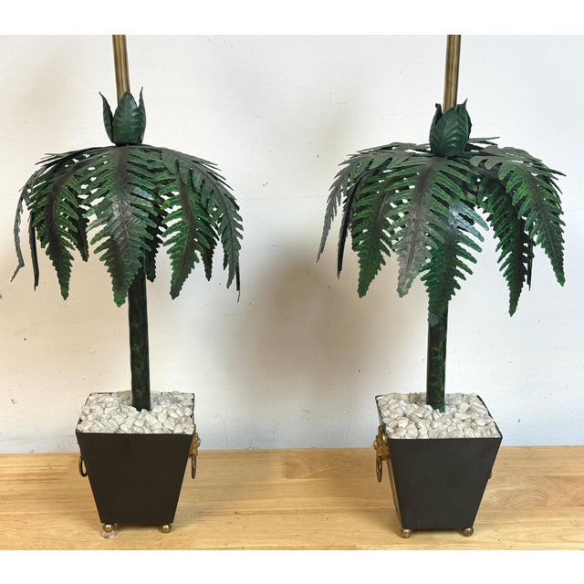 Pair of Hollywood Regency Polychromed Tole Palm Tree Topiary Lamps, Circa 1970s For Sale - Image 14 of 14