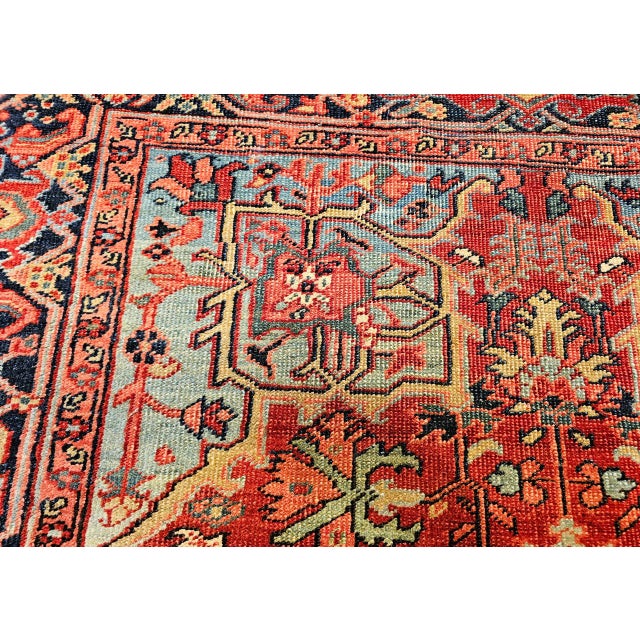 Antique Persian Heriz Serapi Rug, Hand-Knotted Wool, Geometric Pattern, Brick-Red & Blue, 5x7 For Sale - Image 17 of 18