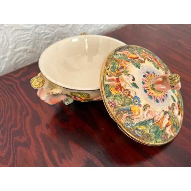 Rococo Vintage Italian Capodimonte Porcelain Lidded Dish With Cherubs For Sale - Image 3 of 10