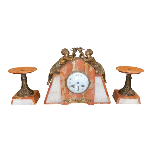 French Marble & Spelter Clock Garniture, Japy Frères, 19th Century. For Sale