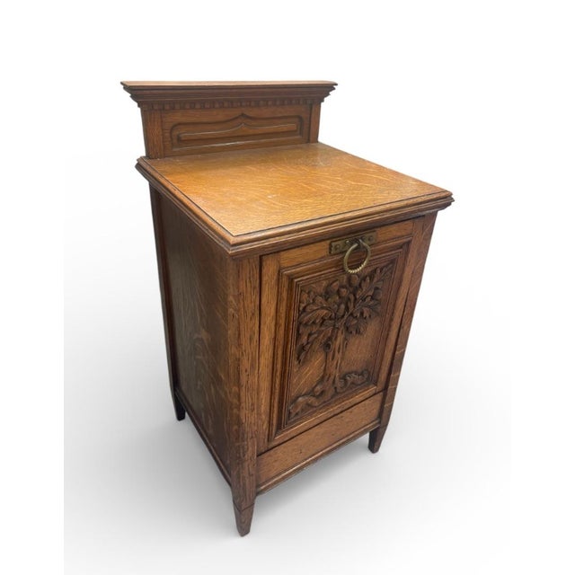 English Antique Oak Coal Firewood Scuttle With Relief Carved Oak Tree For Sale - Image 3 of 7