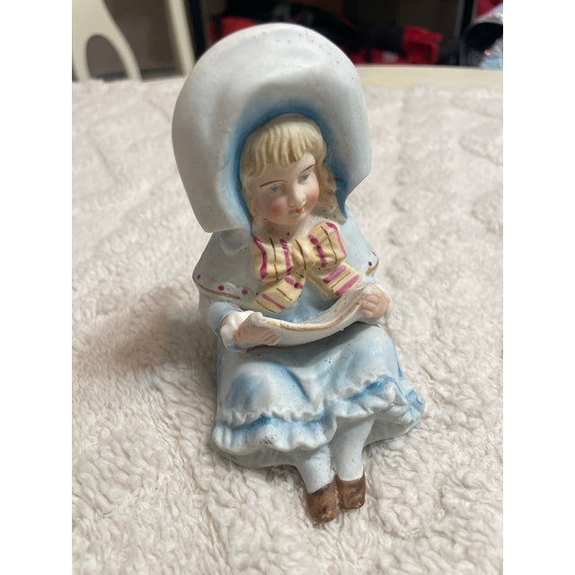 Blue Vintage Bisque Porcelain Girl Figurine With Blue Bonnet For Sale - Image 8 of 8