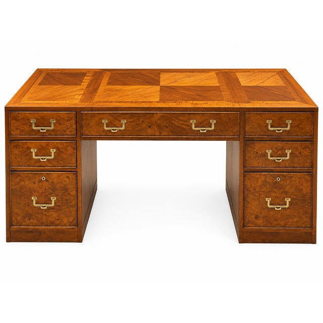 Brass Hekman Burl Walnut Mid Century Campaign Desk For Sale - Image 8 of 8