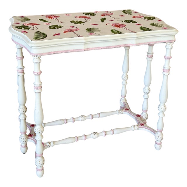 Antique Console Table With Custom Flamingo Decoupage Top | Hand-Painted Coastal Piece For Sale