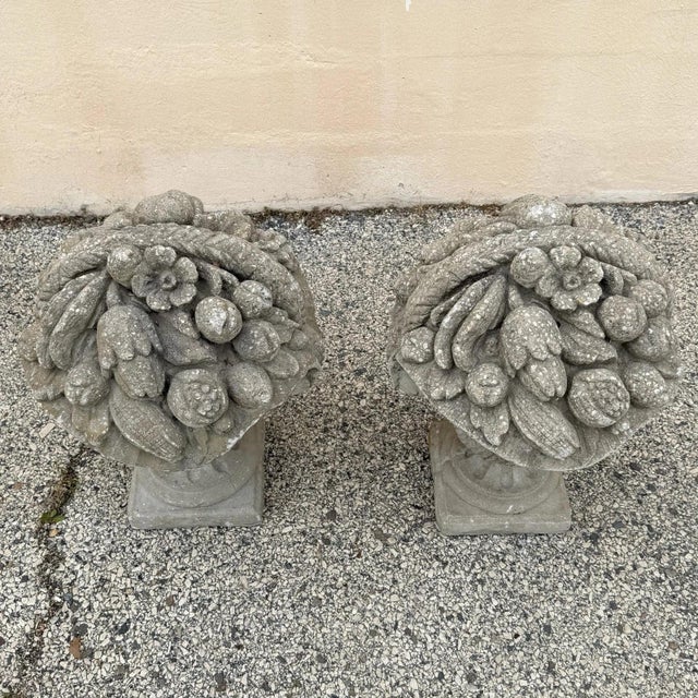 Vintage Cast Cement Stone 26" Fruit & Flower Basket Garden Lawn Ornament - Pair For Sale - Image 11 of 15