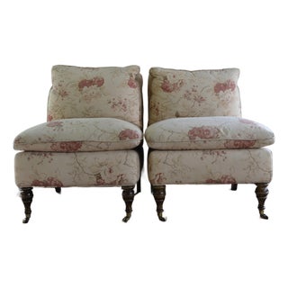 Upholstered Slipper Chairs on Turned Legs W/Casters - A Pair For Sale