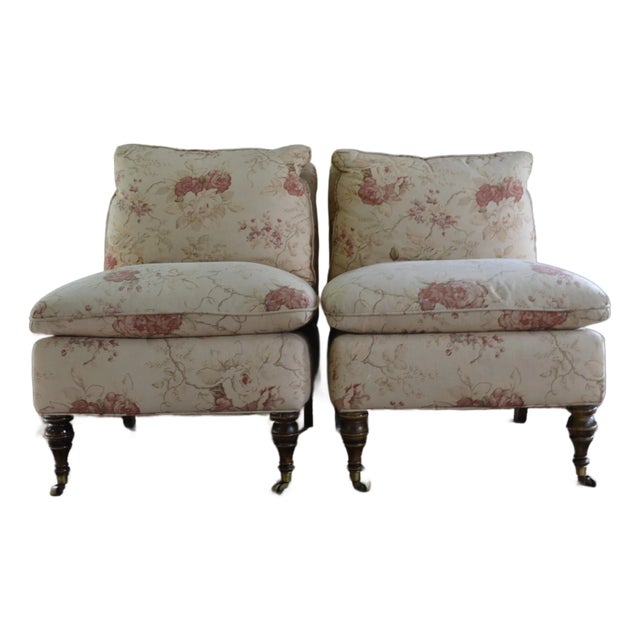 Upholstered Slipper Chairs on Turned Legs W/Casters - A Pair For Sale