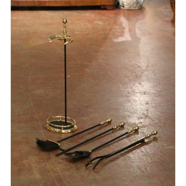 Mid-Century French Louis XVI Style Brass and Iron Fireplace Tool Set For Sale - Image 4 of 7