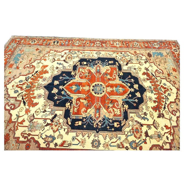 Persian Serapi Wool 7x11 Rust, Navy, Tan, & Ivory Handmade Area Rug #9902841 For Sale In Houston - Image 6 of 12