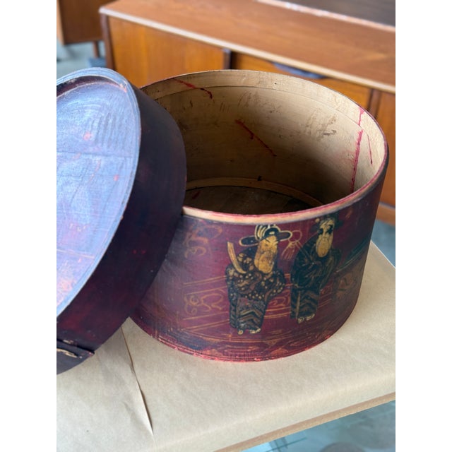 Red Antique Original Wooden Chinese Handpainted Hat Box / Basket For Sale In Charleston - Image 6 of 7