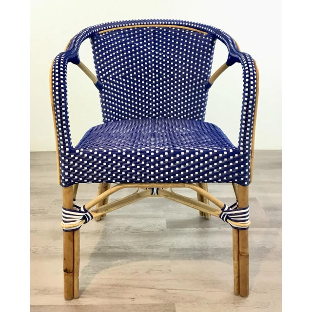 Stylish Modern Blue and White Vinyl Bamboo Arm Chair, showroom floor sample