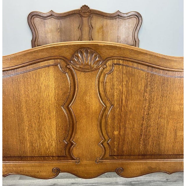 Vintage French Louis XVI Style Oak Double Bed Frame with Carved Headboard For Sale - Image 3 of 8