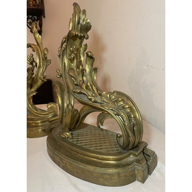 Pair of Antique 19th Century Ornate Rococo Gilt Bronze Fireplace Andirons Brass For Sale - Image 12 of 15
