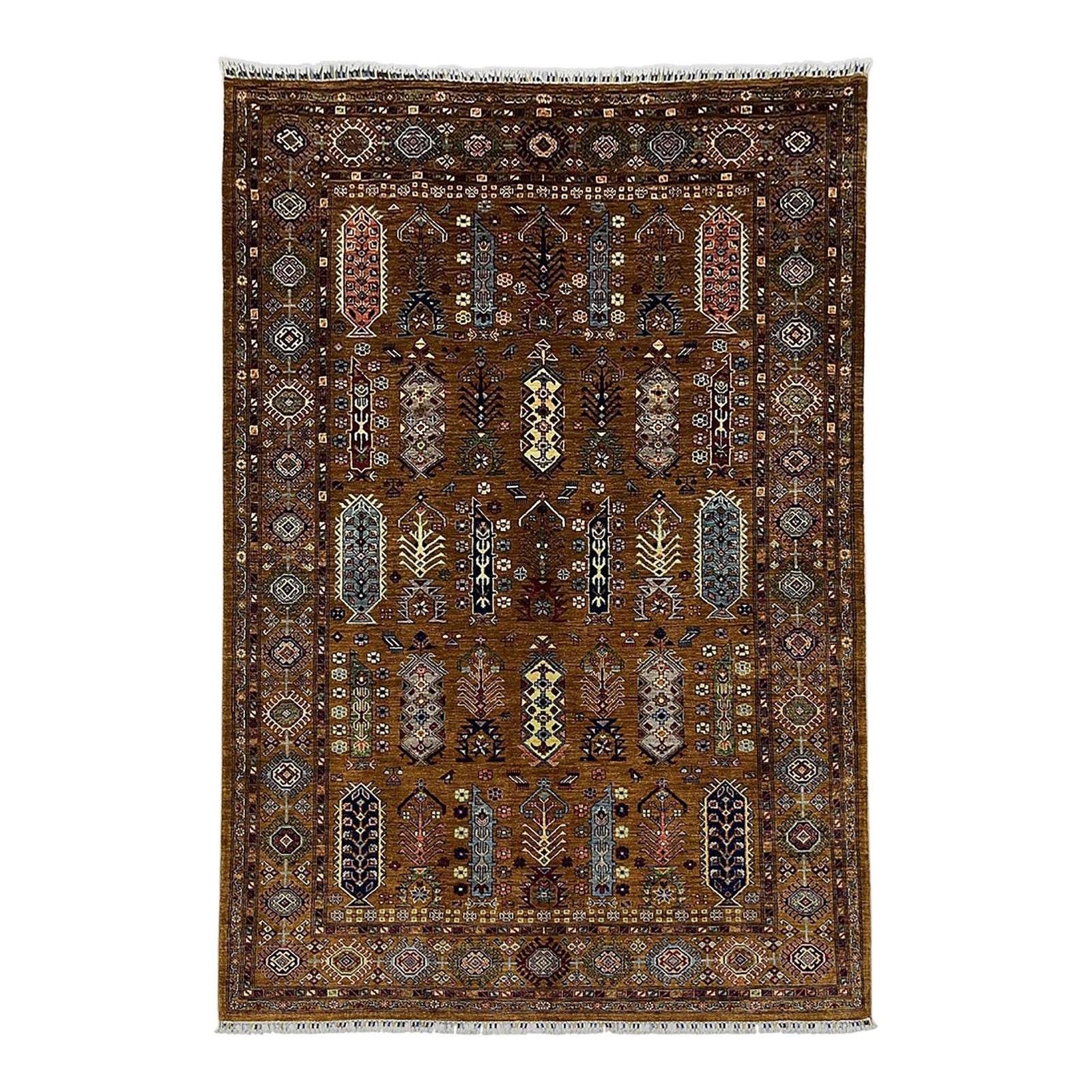 Brown Afghan Sultani Natural Dye Wool Rug, Tribal Geometric Tree Motifs ...