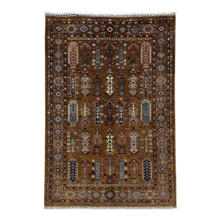 Brown Afghan Sultani Natural Dye Wool Rug, Tribal Geometric Tree Motifs, 6′7″ × 10′ For Sale
