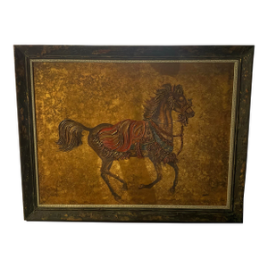 Vintage Carousel Dancing Horse Large Oil Painting Signed 47x37