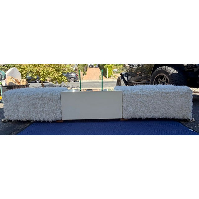 Wood Glam Faux Fur Bench With Silver Claw Feet & Built-in Propane Fire Lantern | 3-Piece Vintage Set For Sale - Image 7 of 10