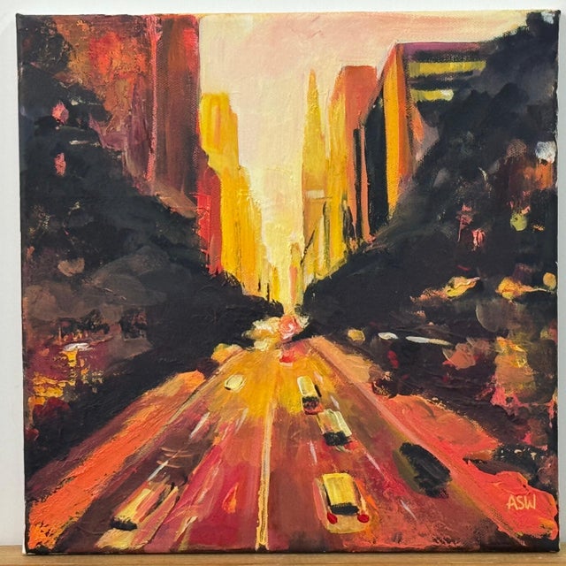 Angela Wakefield Colourful Golden Orange Impasto Abstract Landscape of Chrysler in New York City 2025 For Sale - Image 4 of 9