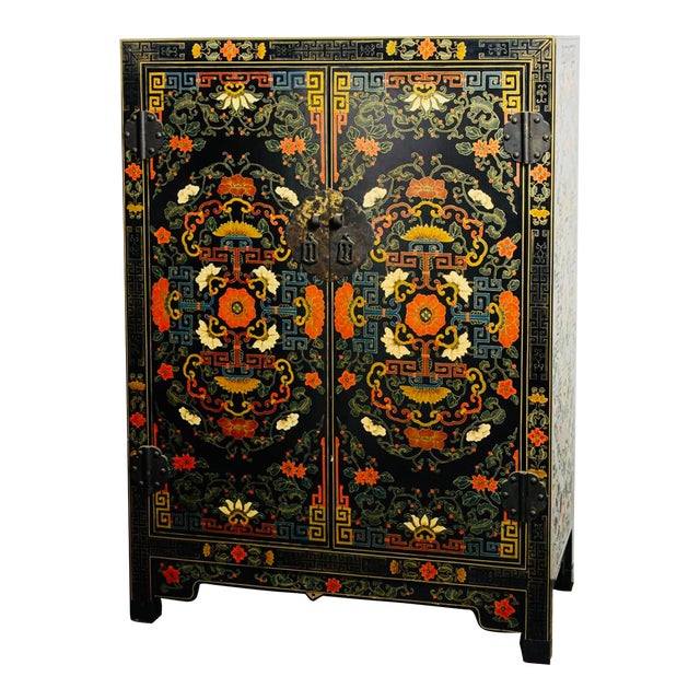 Antique Chinese Lacquered Cabinet. Featuring Lotus Motif For Sale
