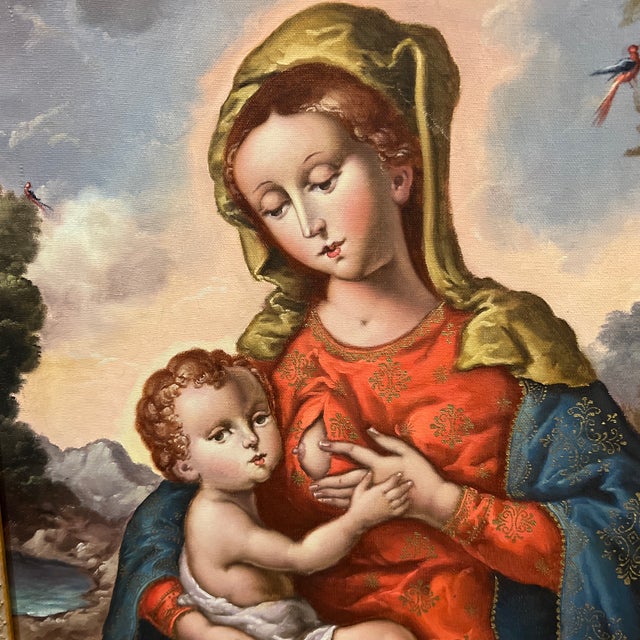 20th Century Oil on Canvas Cuzco School Signed Framed Madonna With Child For Sale - Image 4 of 11