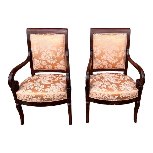 Pair of French Directoire Mahogany Carved Armchairs, Circa 1795 For Sale