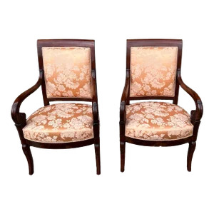 Pair of French Directoire Mahogany Carved Armchairs, Circa 1795