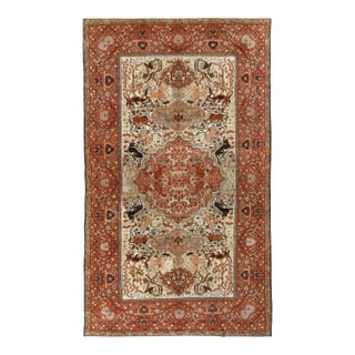 Hand-Knotted Antique Tabriz Style Rug, Red, Beige-Brown Pictorial Hunting Rug For Sale