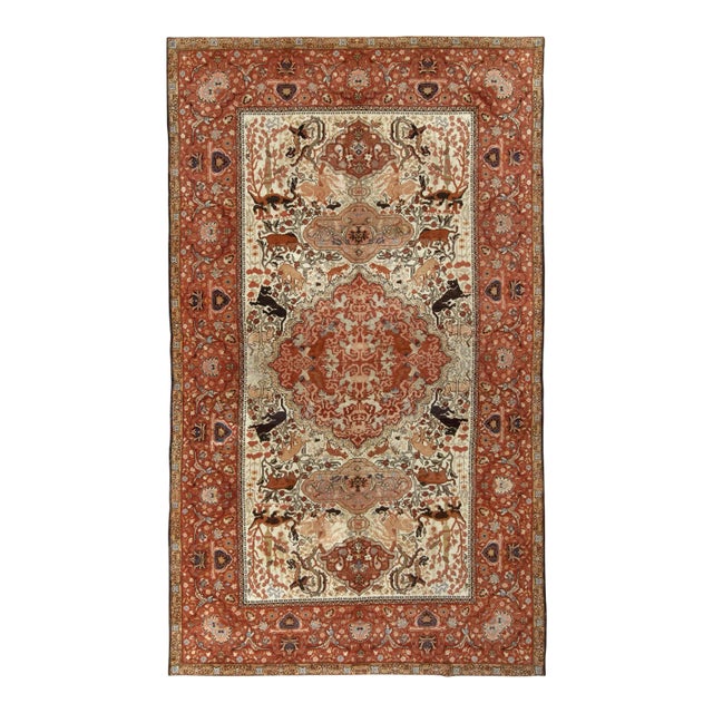 Hand-Knotted Antique Tabriz Style Rug, Red, Beige-Brown Pictorial Hunting Rug For Sale