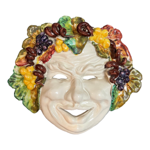 Italian Mid Century Majolica Hanging Mask of Bacchus Large Hand Painted