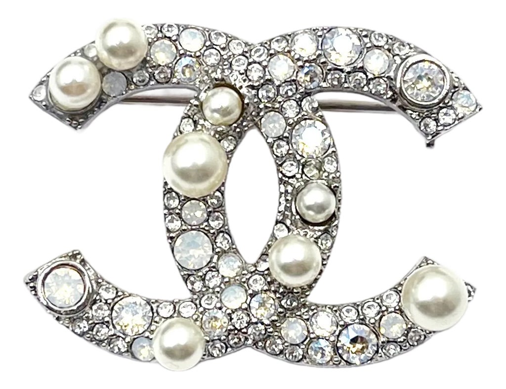 Chanel Silver CC Opal Crystal Pearl Small Brooch | Chairish