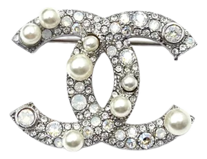 Chanel Silver CC Opal Crystal Pearl Small Brooch