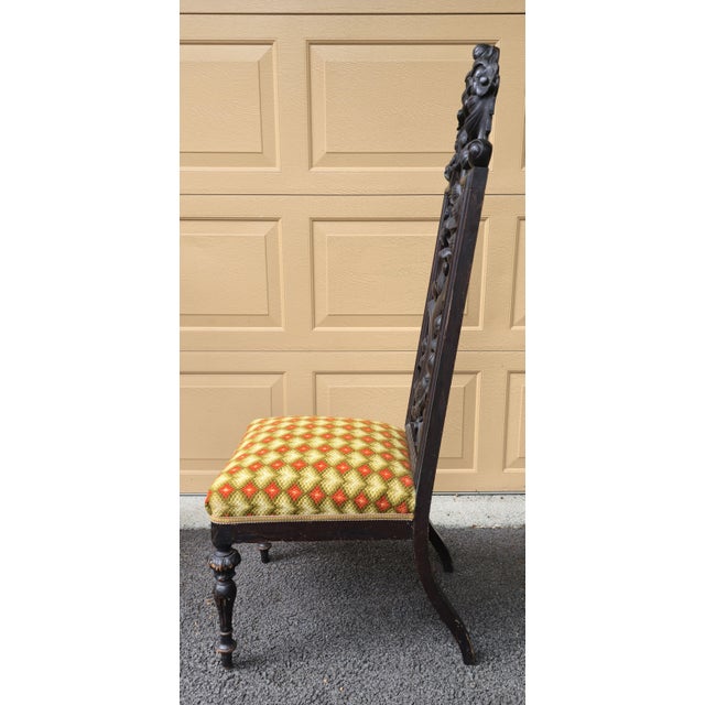 Pair of High Back 49" Side Chairs in Black Walnut Heavily Carved Black Forest Rococo Renaissance Revival For Sale - Image 15 of 17