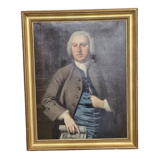 18th C Early Anglo- American Colonial Gentleman Portrait Oil Painting on Canvas For Sale