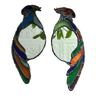 Vintage Mid-Century Leaded Stained Glass Parrot Wall Mirrors - A Pair For Sale