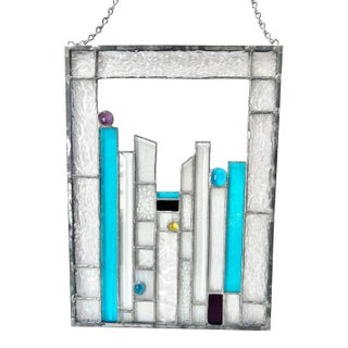 Vintage Geometric Stained Glass Panel – Art Deco, Abstract Modern Window Hanging, Teal Glass Wall Decor For Sale