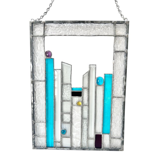 Vintage Geometric Stained Glass Panel – Art Deco, Abstract Modern Window Hanging, Teal Glass Wall Decor For Sale