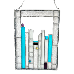 Vintage Teal Stained Glass Window Panel, Geometric Art Deco Style