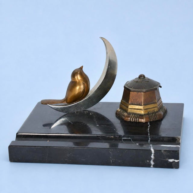 Art Deco Black Marble and Bronze Desk Tidy with Bird and Crescent Moon, 1930 For Sale - Image 3 of 5