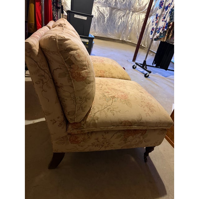 Pair of Vintage Floral Slipper Chairs With Turned Legs & Brass Casters For Sale - Image 10 of 17