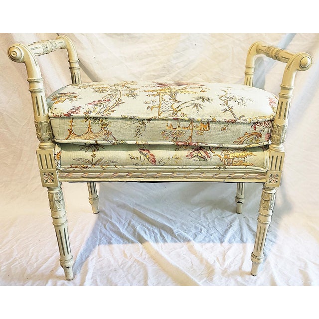 Here's a fun painted L. XVI style bench for a vanity or under a window, perhaps at the end of a bed. Nicely upholstered in...