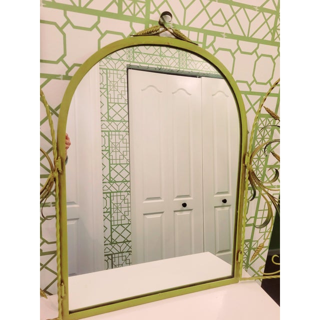 Lime Vintage Lime Green Metal Tole Palm Leaf Sheaf of Wheat Regency Oval Wall Mirror For Sale - Image 8 of 9